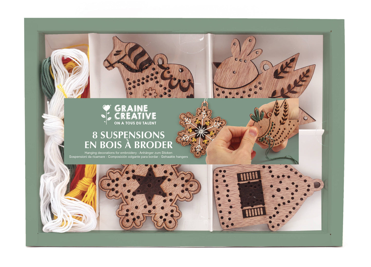 Kit de decoraciones de madera para bordar Graine Créative con colgantes navideños, ideal para manualidades DIY, bordado creativo y decoración handmade.