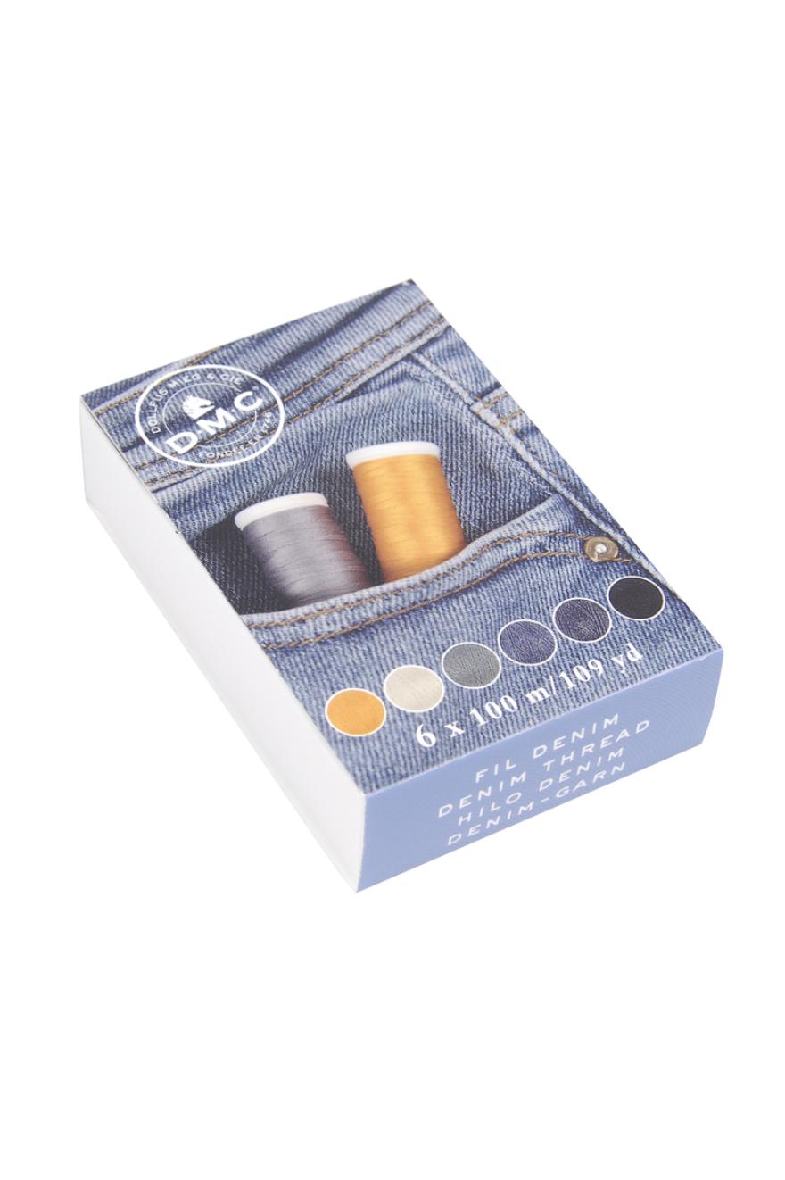 Caja de 6 bobinas de hilo para jeans DMC edición limitada con colores para denim