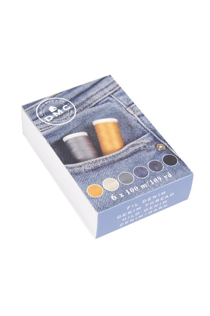 Caja de 6 bobinas de hilo para jeans DMC edición limitada con colores para denim