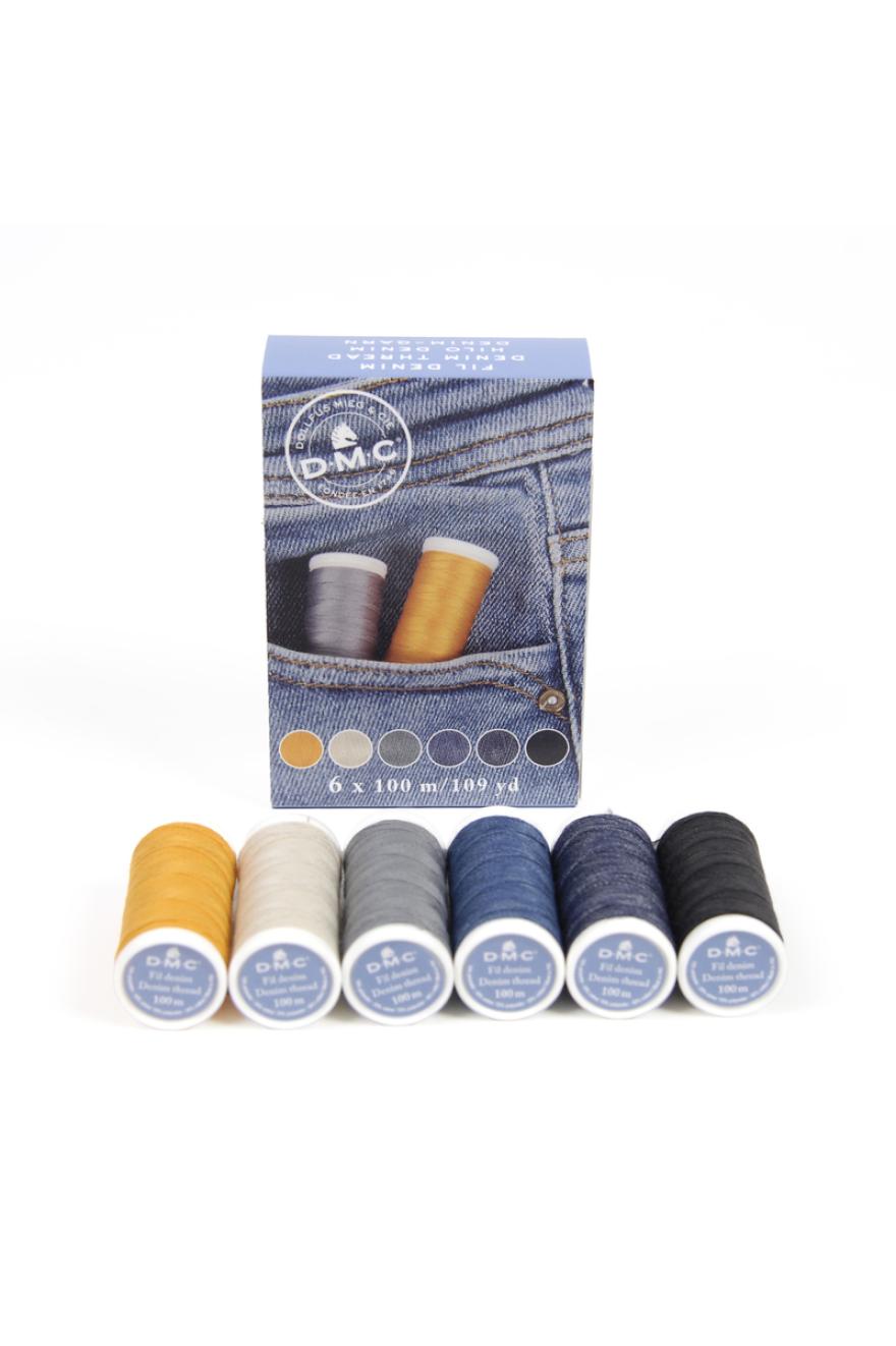 Caja edición limitada DMC de hilos para denim con 6 bobinas para coser y reparar vaqueros