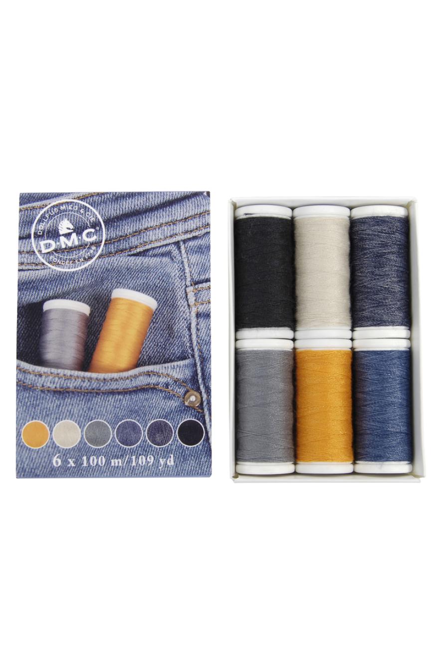 Caja abierta de hilos DMC para vaqueros con 6 bobinas de 100 m en tonos denim