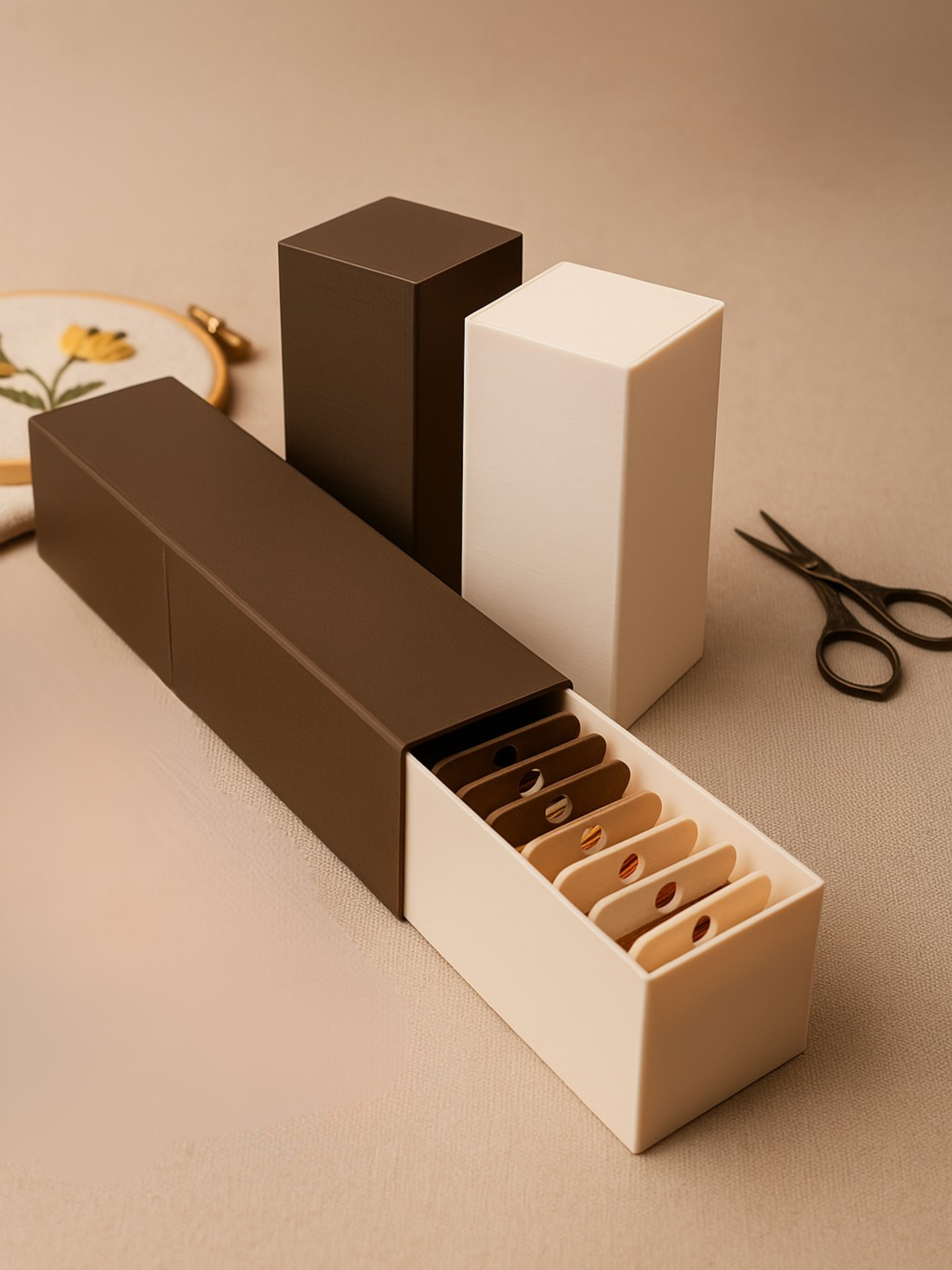 Caixa organizadora de linhas para bordar 100% personalizável com bobinas incluídas