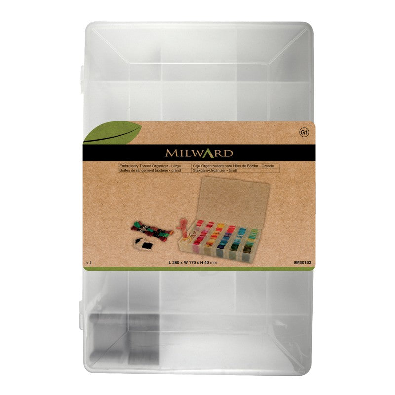 Caja organizadora para hilos de bordar de talla grande Milward con 100 bobinas incluidas, tamaño 280 x 170 x 40 mm, de plástico transparente de alta calidad.