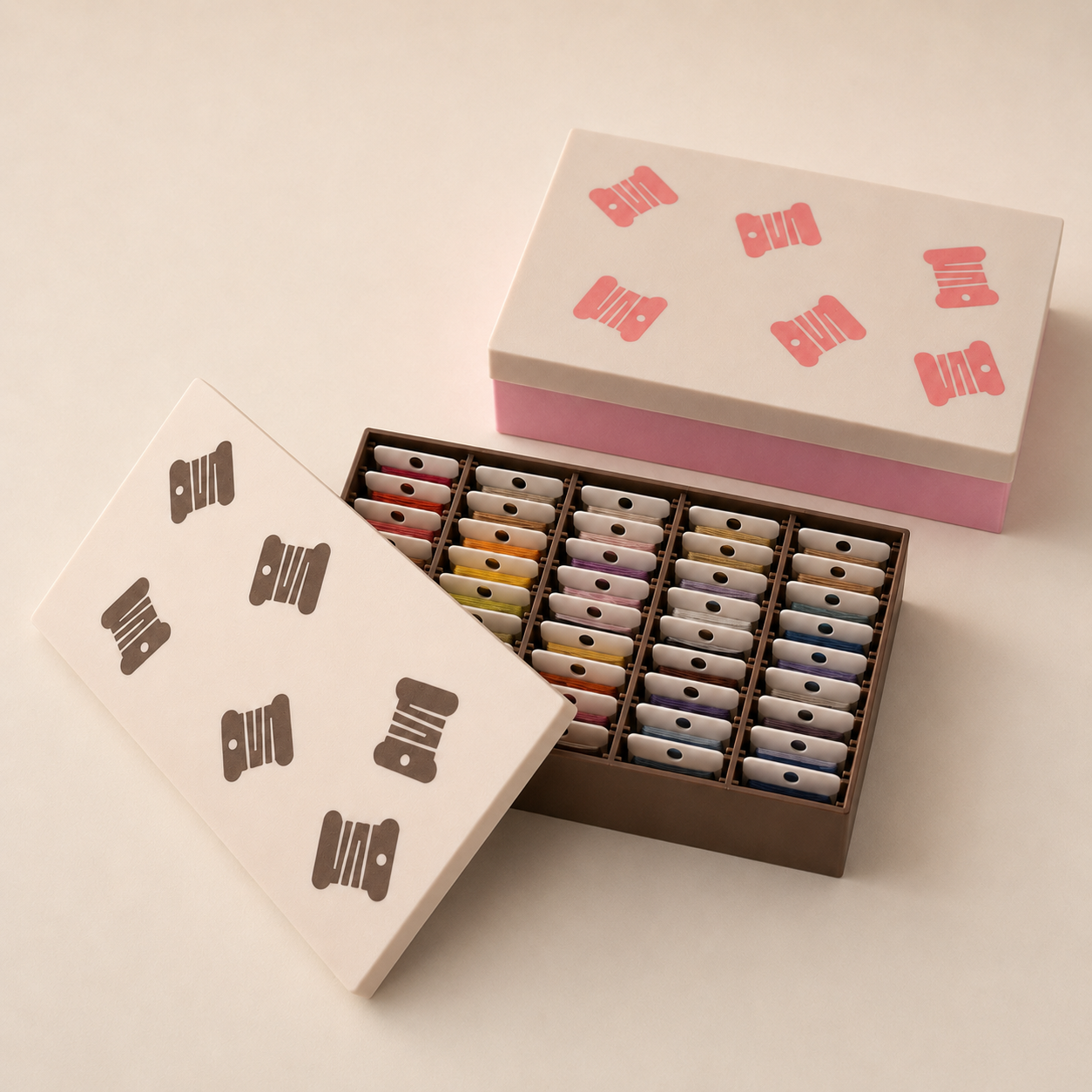 Cajas organizadoras de hilos de bordado en rosa y beige y marrón y beige