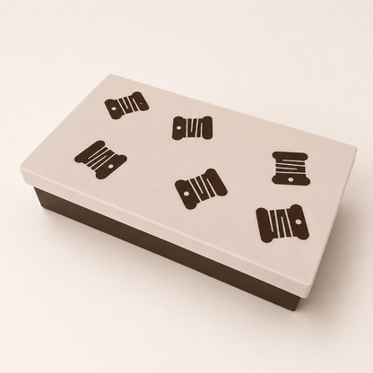 Caja organizadora de hilos marrón y beige cerrada con tapa decorada