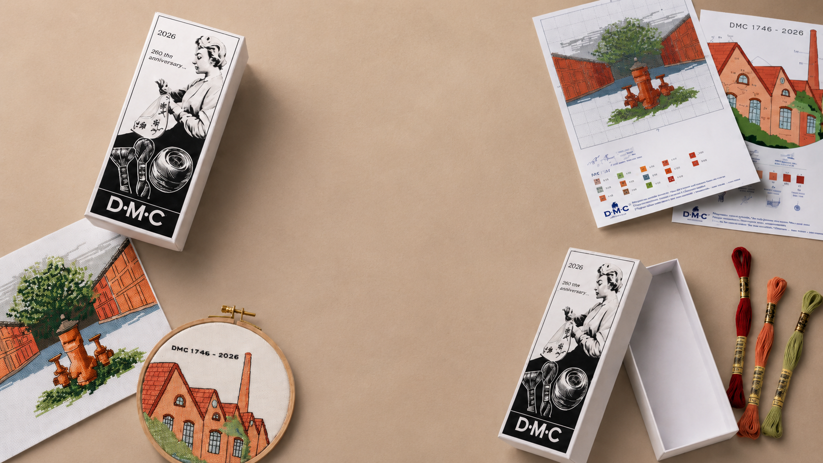 Promoción Caja Vintage DMC 2026 gratis por compra superior a 25€ en productos DMC, con hilos Mouliné, patrones y bordados sobre fondo beige cálido.