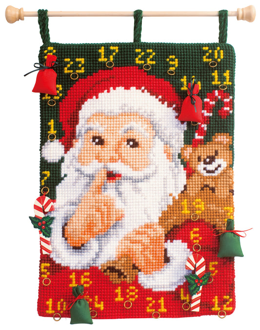Kit de punto de cruz Vervaco calendario de adviento con Santa, cañamazo preimpreso y 24 anillos para colgar regalos navideños.