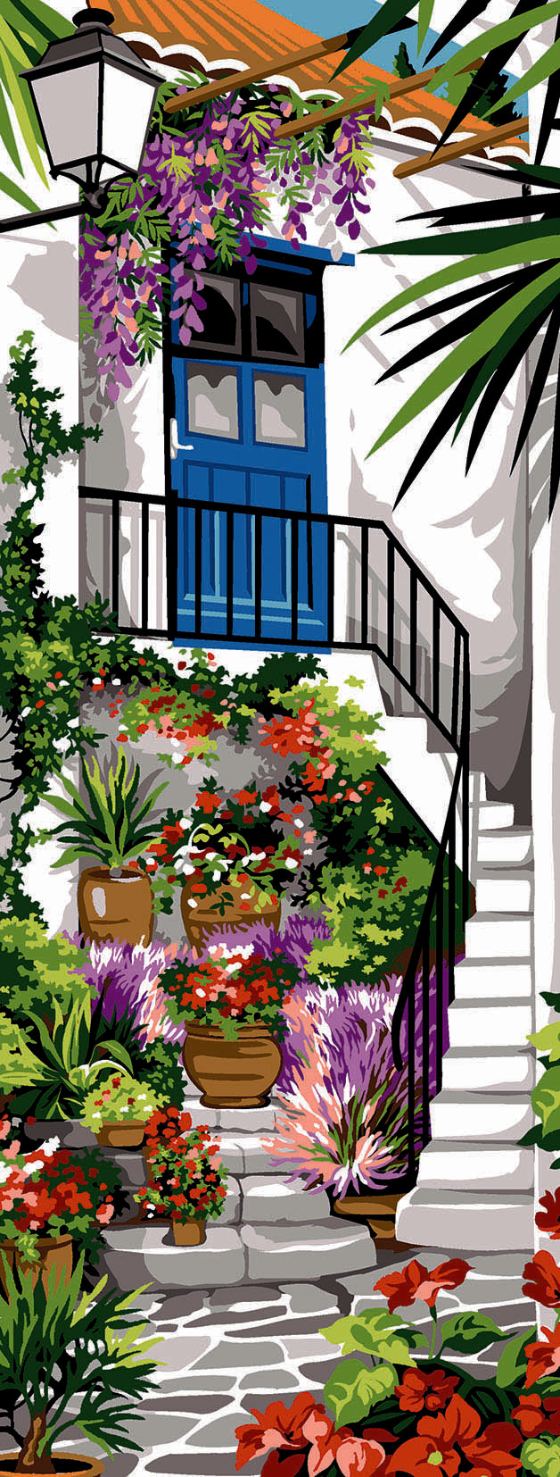Cañamazo impreso para medio punto Arrière-Cour de SEG de Paris con patio florido, puerta azul, escaleras blancas y macetas.