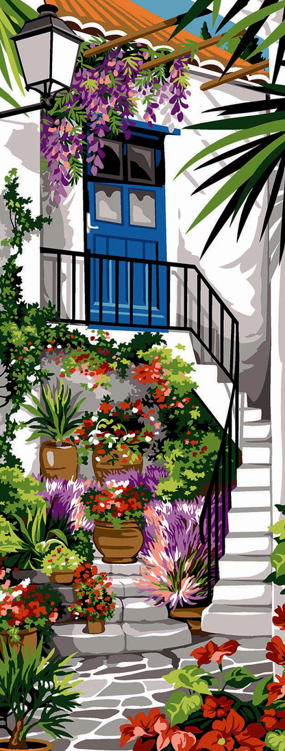 Cañamazo impreso para medio punto Arrière-Cour de SEG de Paris con patio florido, puerta azul, escaleras blancas y macetas.