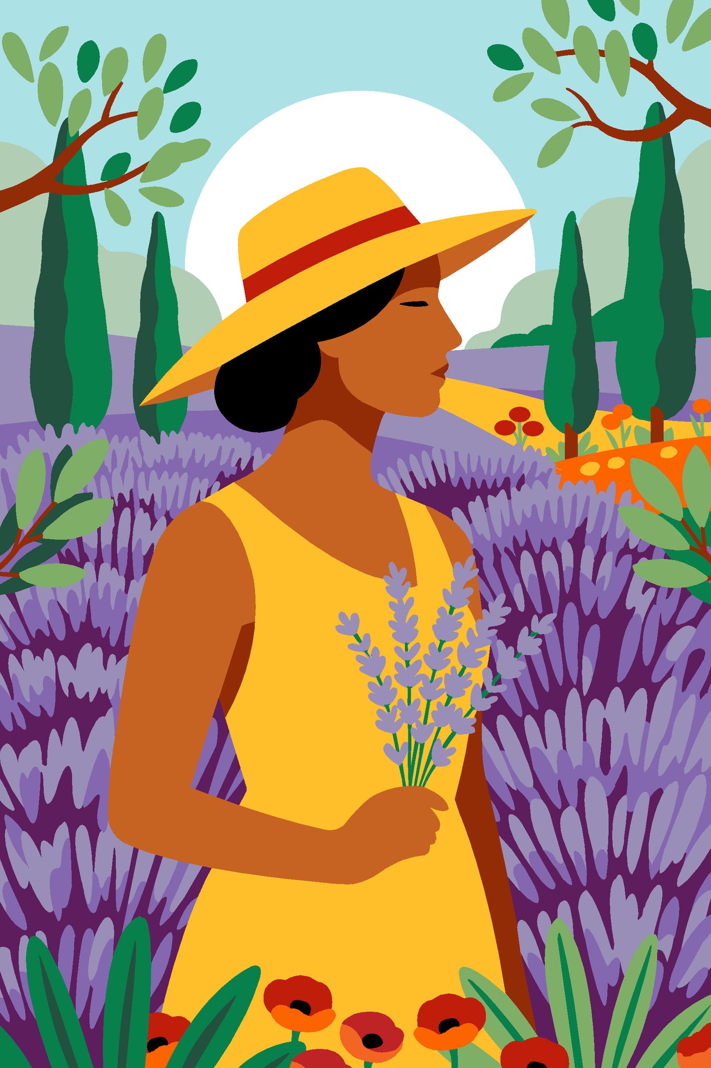 Cañamazo impreso para medio punto Belle de Provence de SEG de Paris con mujer entre campos de lavanda y flores de estilo provenzal.