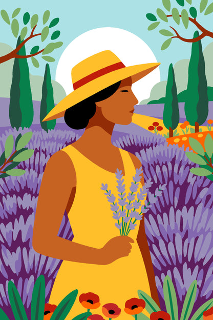 Cañamazo impreso para medio punto Belle de Provence de SEG de Paris con mujer entre campos de lavanda y flores de estilo provenzal.