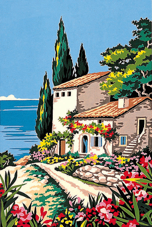 Cañamazo impreso para medio punto Casa Mediterránea junto al Mar de SEG de Paris con paisaje costero, casa, flores y vistas al mar.