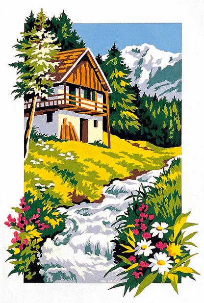 Cañamazo impreso para medio punto Chalet Alpino con Arroyo de SEG de Paris con casa de montaña, arroyo, flores y montañas nevadas.
