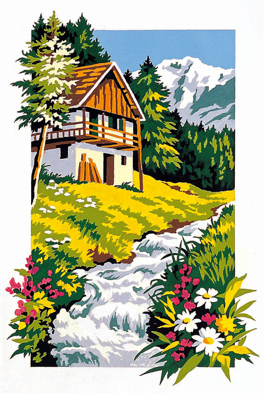 Cañamazo impreso para medio punto Chalet Alpino con Arroyo de SEG de Paris con casa de montaña, arroyo, flores y montañas nevadas.