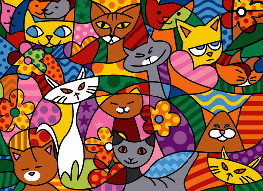 Cañamazo impreso para medio punto Color Cats de SEG de Paris con gatos de colores, corazones, flores y diseño moderno multicolor.