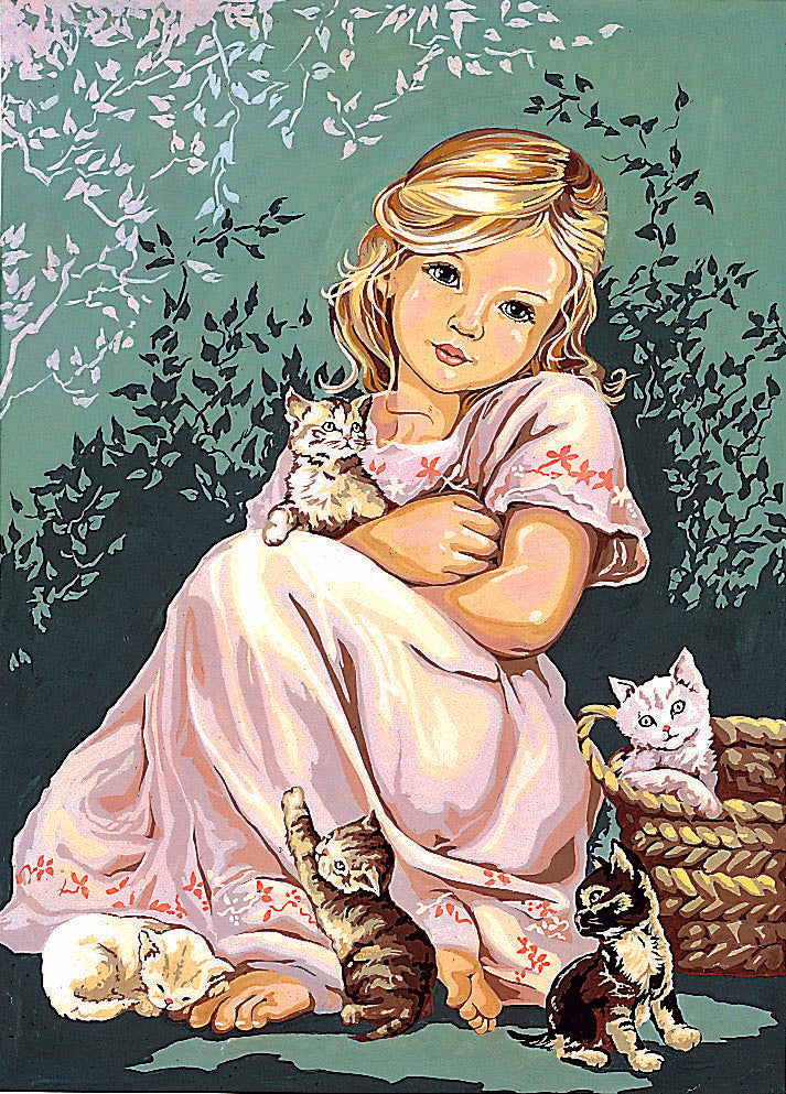 Cañamazo impreso para medio punto Fillette aux Chats de SEG de Paris con niña sentada rodeada de varios gatitos en un fondo verde.