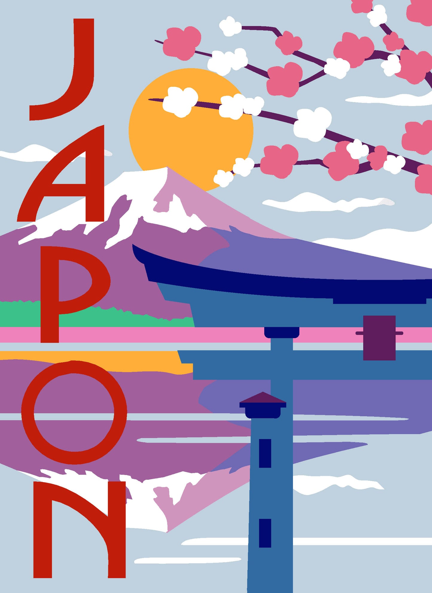 Cañamazo impreso para medio punto Japón de Margot Creations de Paris con Monte Fuji, flores de cerezo y paisaje japonés.