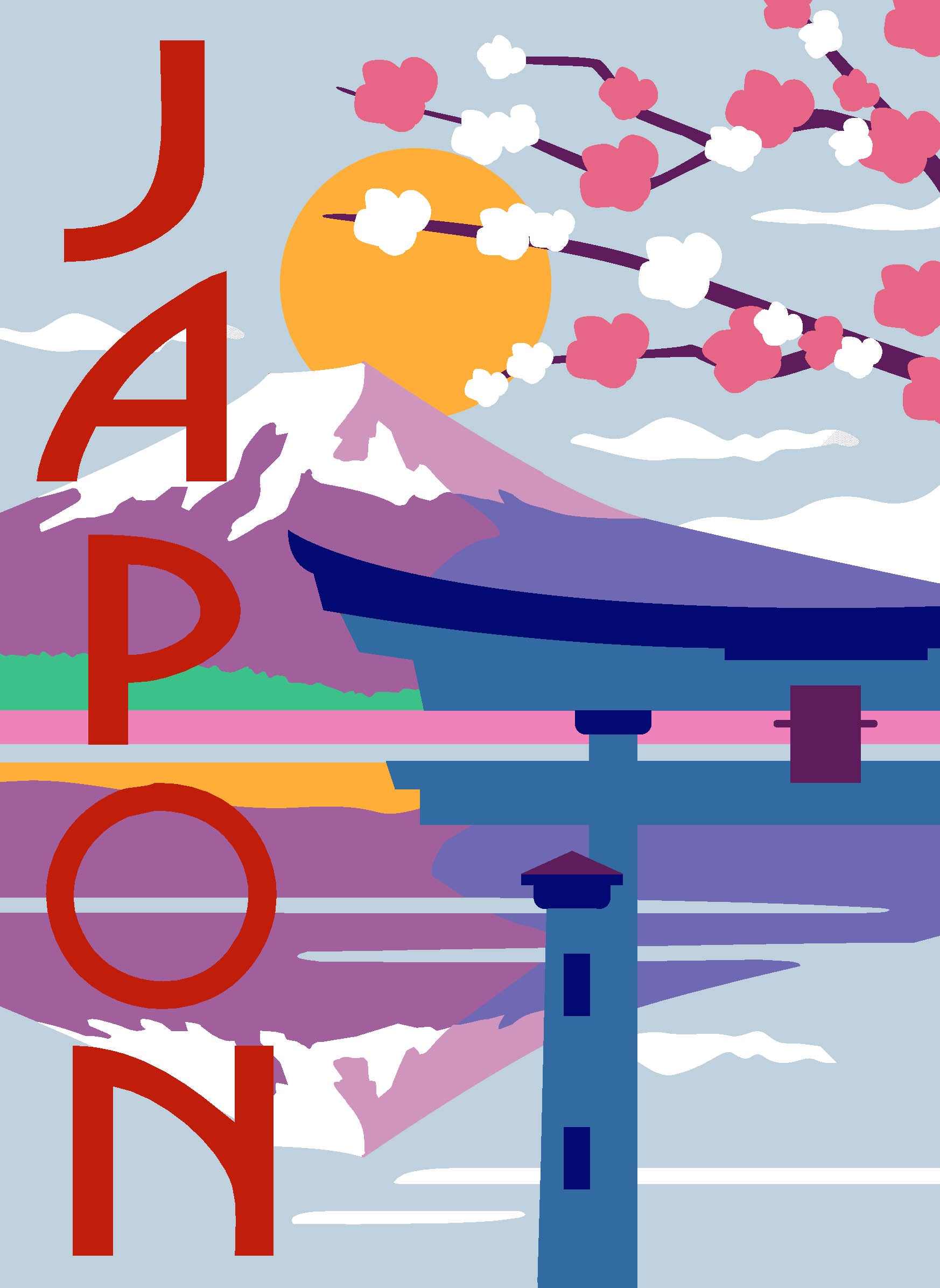 Cañamazo impreso para medio punto Japón de Margot Creations de Paris con Monte Fuji, flores de cerezo y paisaje japonés.