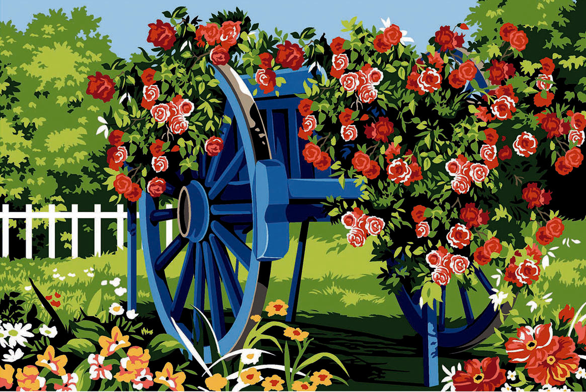 Cañamazo impreso para medio punto La Carretilla Azul de SEG de Paris con carretilla azul rodeada de rosas y flores de jardín.