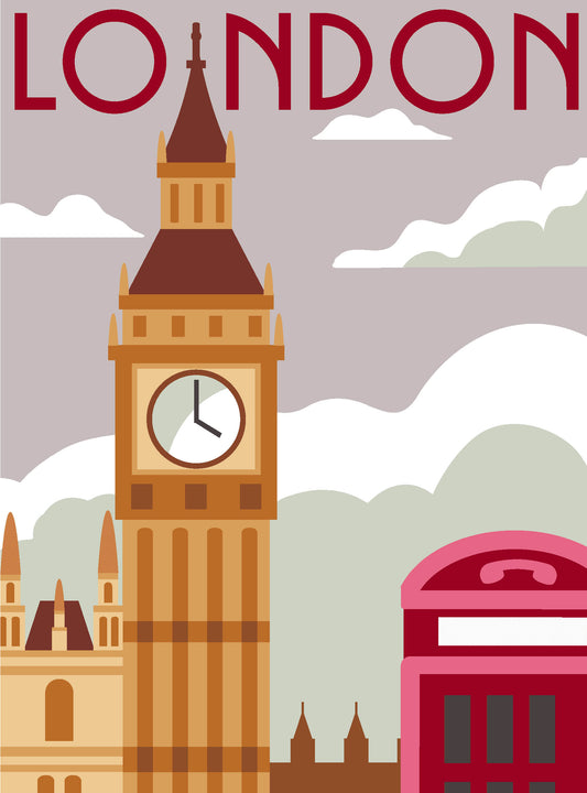 Cañamazo impreso para medio punto Londres de Margot Creations de Paris con Big Ben, cabina telefónica roja y skyline urbano.