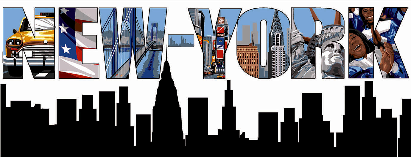 Cañamazo impreso para medio punto New York de SEG de Paris con letras decoradas, skyline urbano y silueta de rascacielos.