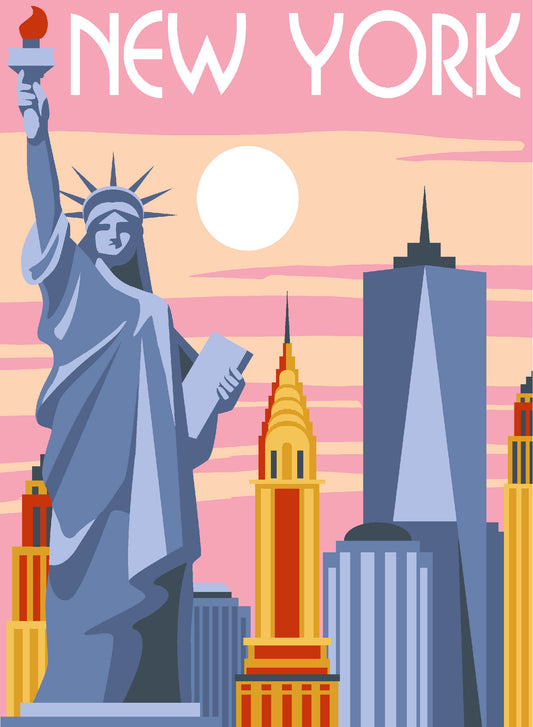Cañamazo impreso para medio punto Nueva York de Margot Creations de Paris con Estatua de la Libertad, rascacielos y skyline urbano.