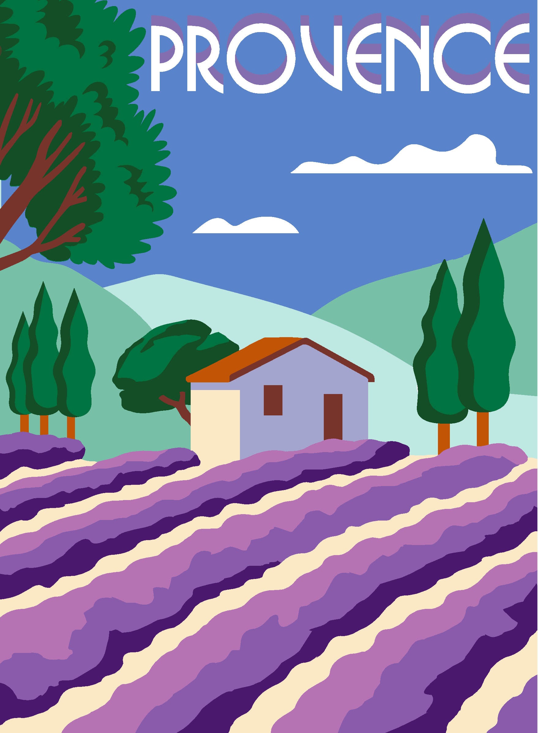 Cañamazo impreso para medio punto Provence de Margot Creations de Paris con campos de lavanda, casa provenzal y cipreses.