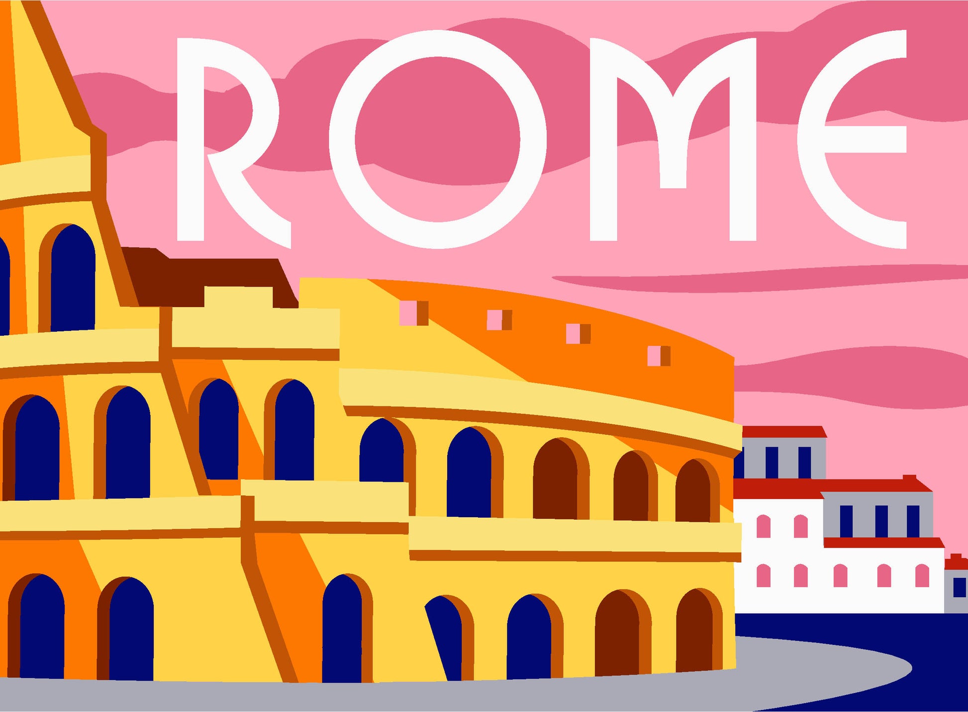 Cañamazo impreso para medio punto Roma de Margot Creations de Paris con Coliseo romano, edificios y cielo rosa.