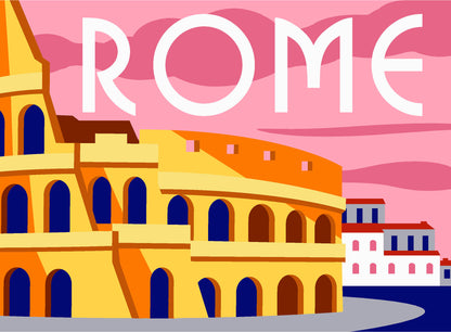 Cañamazo impreso para medio punto Roma de Margot Creations de Paris con Coliseo romano, edificios y cielo rosa.