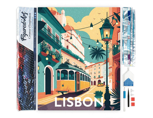 Kit de punto diamante Figured’Art Póster de Lisboa 40x50 cm con tranvía y escena urbana en diamantes cuadrados.