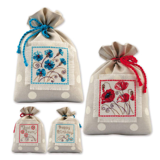 Kit de punto de cruz Riolis para bordar bolsitas de regalo con motivos florales