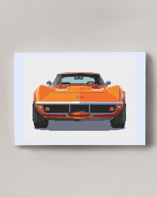 Patrón punto de cruz de Chevrolet Corvette Stingray del 69 de color naranja