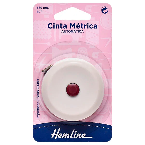 Cinta métrica automática de costura Hemline de 150 cm con carcasa blanca y botón de recogida en su blíster