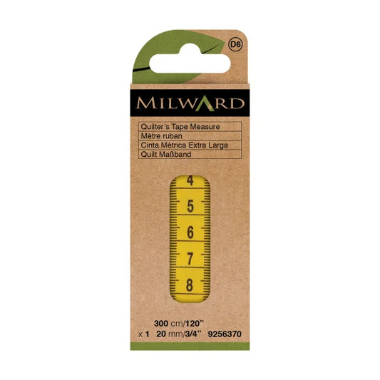 Cinta métrica extra larga de costura Milward de 300 cm y 20 mm, amarilla, en su blíster de cartón kraft