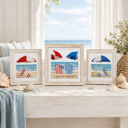 Colección de tres kits de punto de cruz veraniegos de hamacas azules y rojas de Marie Coeur 
