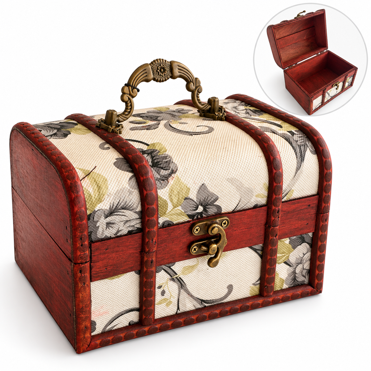 Costurero de madera tipo baúl de 17 x 12 cm con tapizado floral y herrajes de latón envejecido