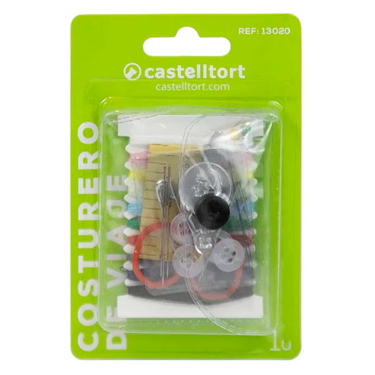 Costurero de viaje compacto Castelltort con 24 piezas de costura que incluye tijera, agujas, hilos de colores, botones, imperdibles, alfileres, metro y enhebrador.