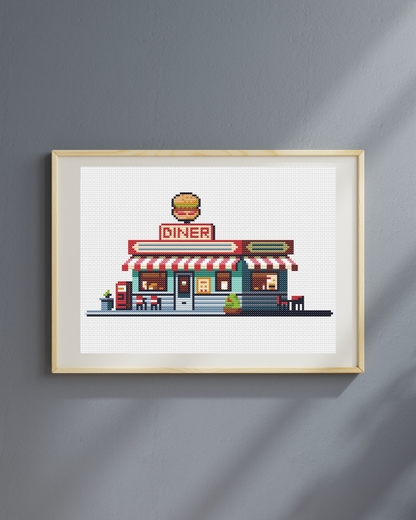 Patrón de Punto de Cruz "Cozy American Diner" - CrossGuidetPatterns
