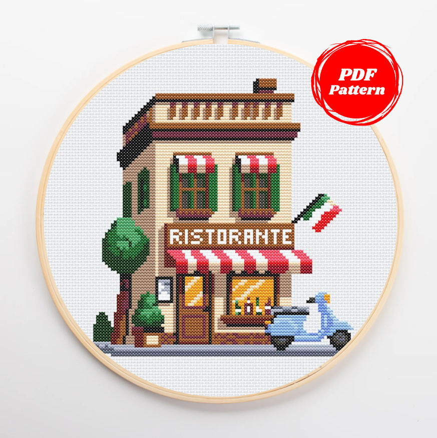 Patrón de punto de cruz de un restaurante italiano acogedor con una vespa de color azul aparcada delante