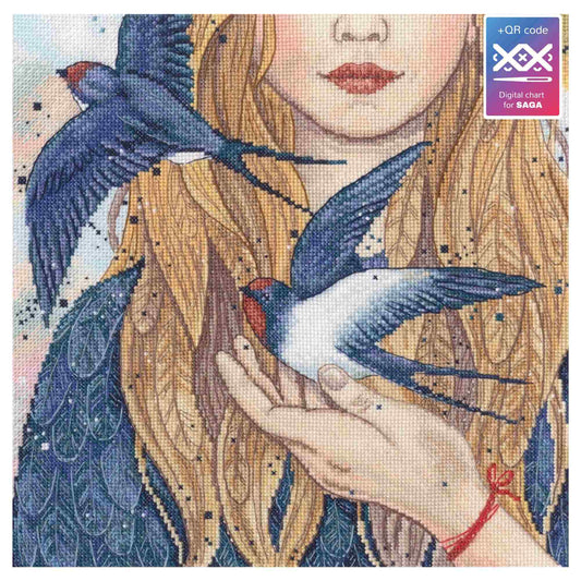 Kit de punto de cruz RTO "Golondrinas" con retrato femenino y golondrinas en vuelo. Incluye tela Zweigart, hilos DMC, aguja e instrucciones.