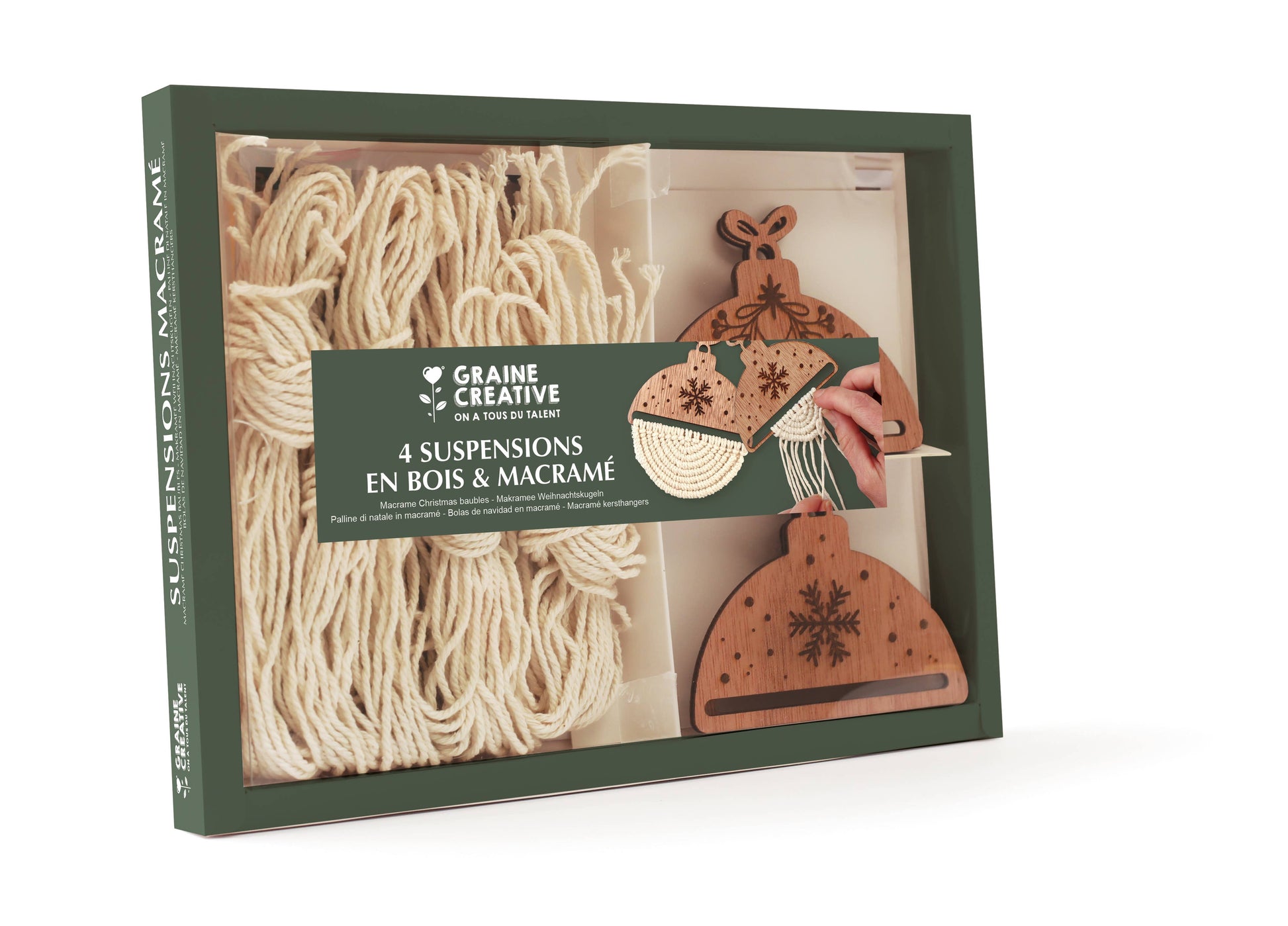 Kit de bolas de Navidad de macramé Graine Créative para crear adornos navideños DIY, ideal para manualidades creativas y decoración handmade.