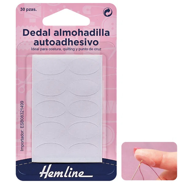 Dedal almohadilla autoadhesivo Hemline con 30 unidades ovaladas blancas para proteger la yema del dedo en costura, quilting y punto de cruz.