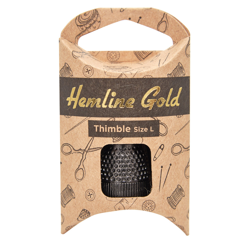 Dedal metálico niquelado Hemline Gold en color negro mate con diámetro de 17 mm, parte superior empotrada y borde elevado para facilitar la costura.