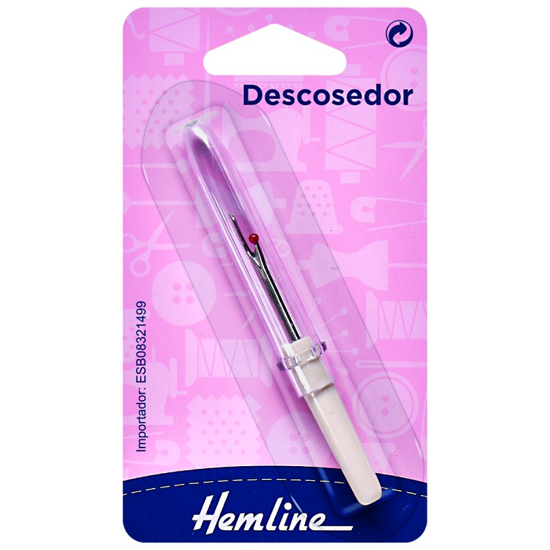 Descosedor clásico Hemline con dos puntas: una protegida por una bolita de plástico y otra más larga, con mini cuchilla curva para cortar hilos.