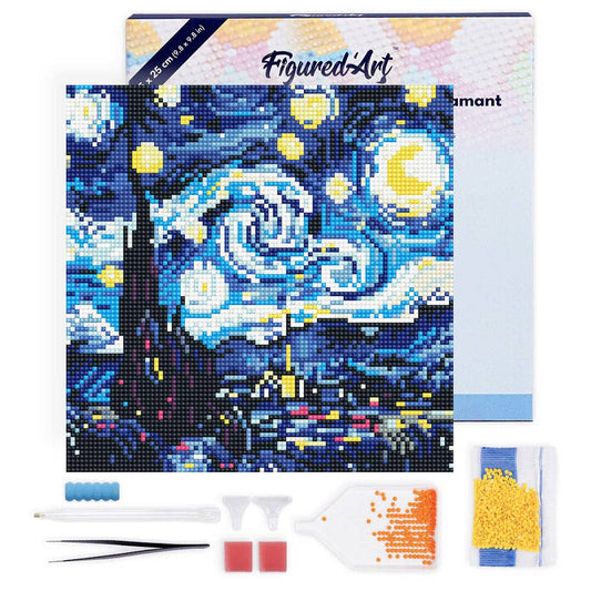 Kit de punto diamante Figured’Art La Noche Estrellada de Van Gogh 25x25 cm en lienzo enmarcado con diamantes redondos.