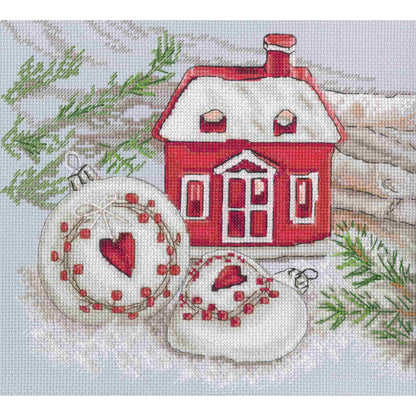 Kit de punto de cruz RTO "Casa de Jengibre" con casa roja y decoración de corazones. Incluye tela Zweigart, hilos DMC, aguja e instrucciones.