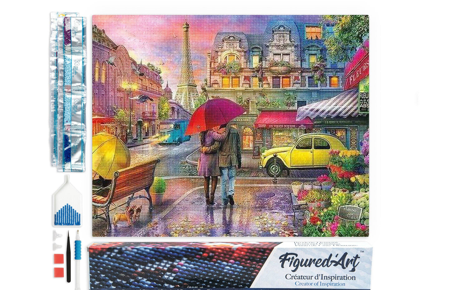 Kit de punto diamante Figured’Art Romance en París 40x50 cm con pareja bajo la lluvia y lienzo adhesivo completo.

