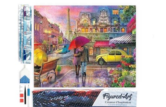 Kit de punto diamante Figured’Art Romance en París 40x50 cm con pareja bajo la lluvia y lienzo adhesivo completo.

