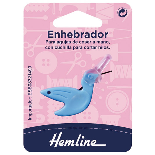 Enhebrador de agujas Hemline con forma de pájaro, con cuchilla integrada para cortar hilo y tapa protectora. Herramienta práctica para costura a mano.