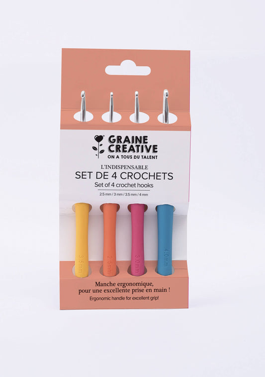Set de 4 ganchillos ergonómicos Graine Créative de aluminio para crochet y amigurumi en tamaños 2.5, 3, 3.5 y 4 mm.